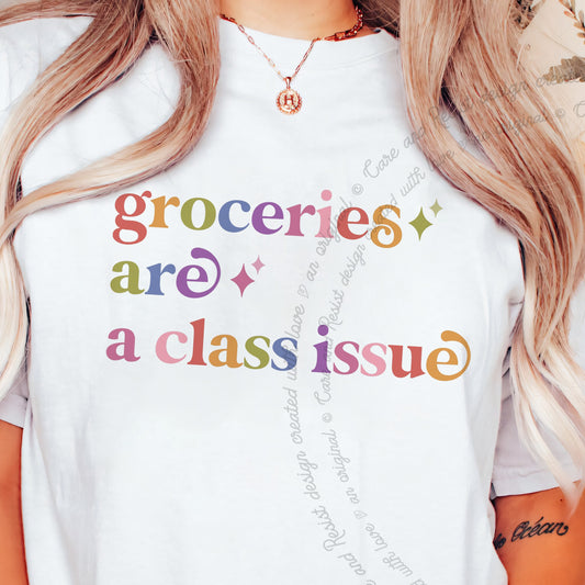 Groceries are a Class Issue Care & Resist progressive t-shirt in White