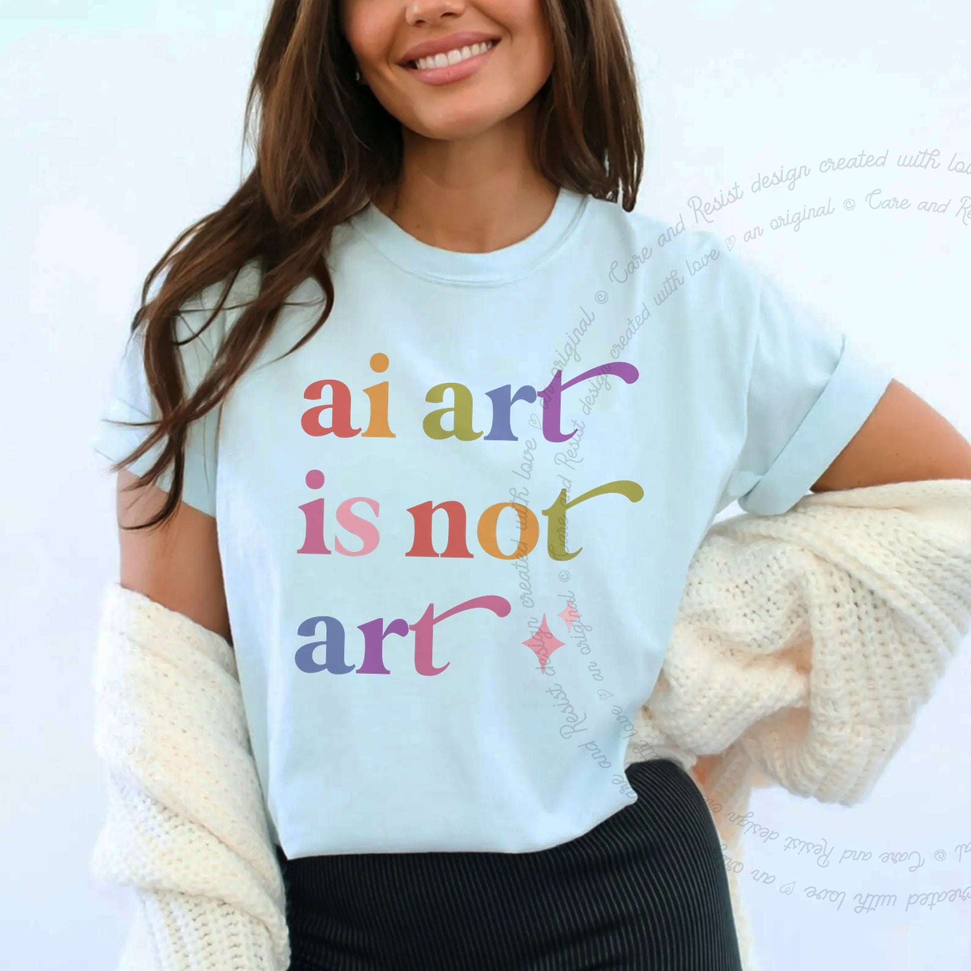 Ai Art is not Art Care & Resist rainbow Comfort Colors tee, Chambray