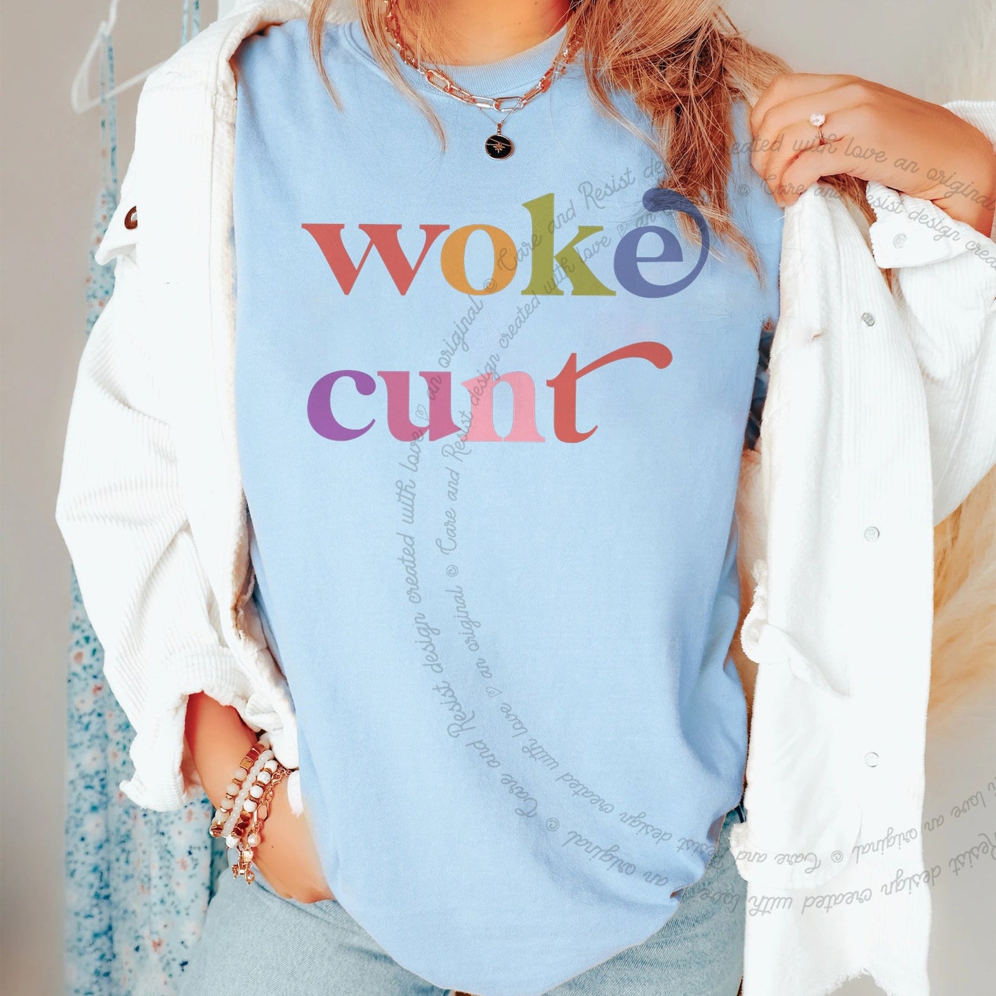 Woke Cunt Care & Resist rainbow Comfort Colors tee, Chambray