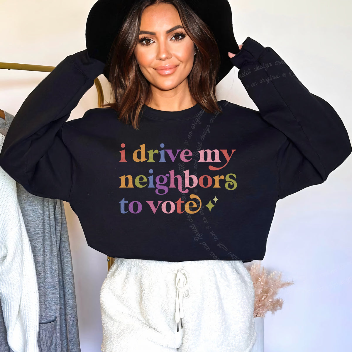 I Drive My Neighbors to Vote Care & Resist Gildan crewneck sweatshirt in Black