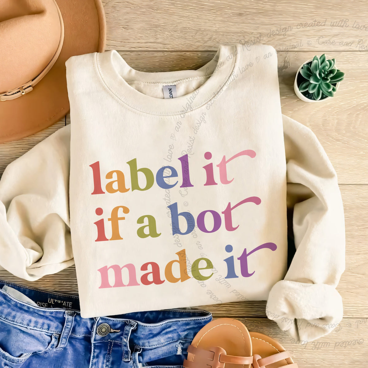 Label It If a Bot Made It Care & Resist Gildan crewneck sweatshirt in Sand