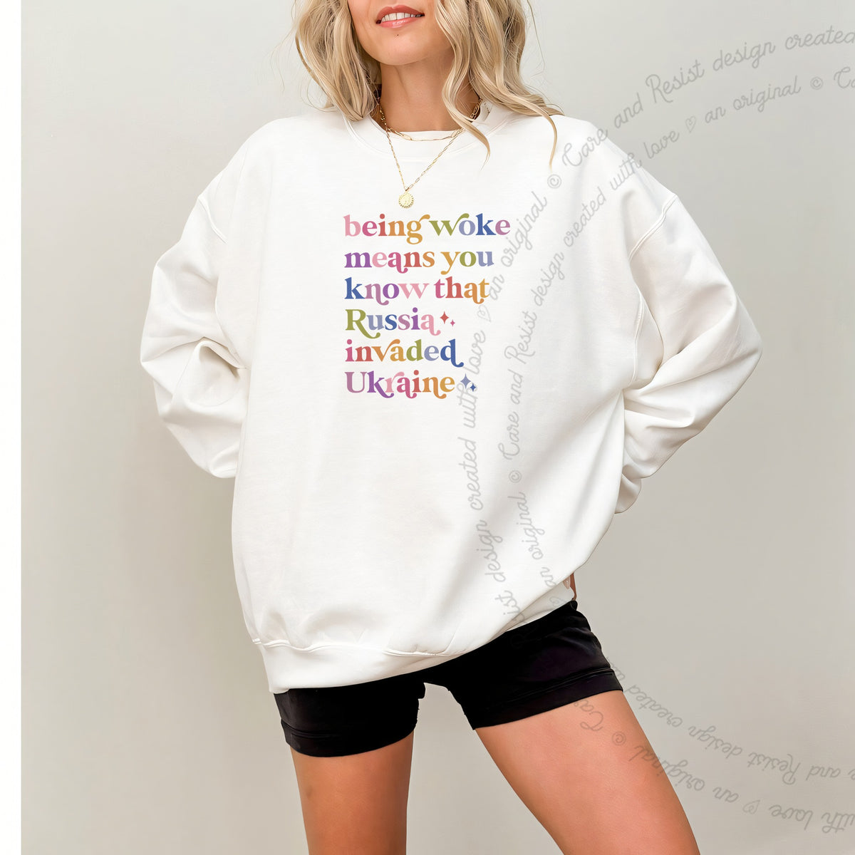 Being Woke Means You Know That Russia Invaded Ukraine Care & Resist Gildan crewneck sweatshirt in White