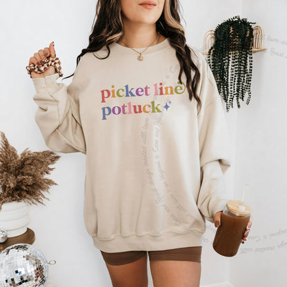 Picket Line Potluck Care & Resist Gildan crewneck sweatshirt in Sand