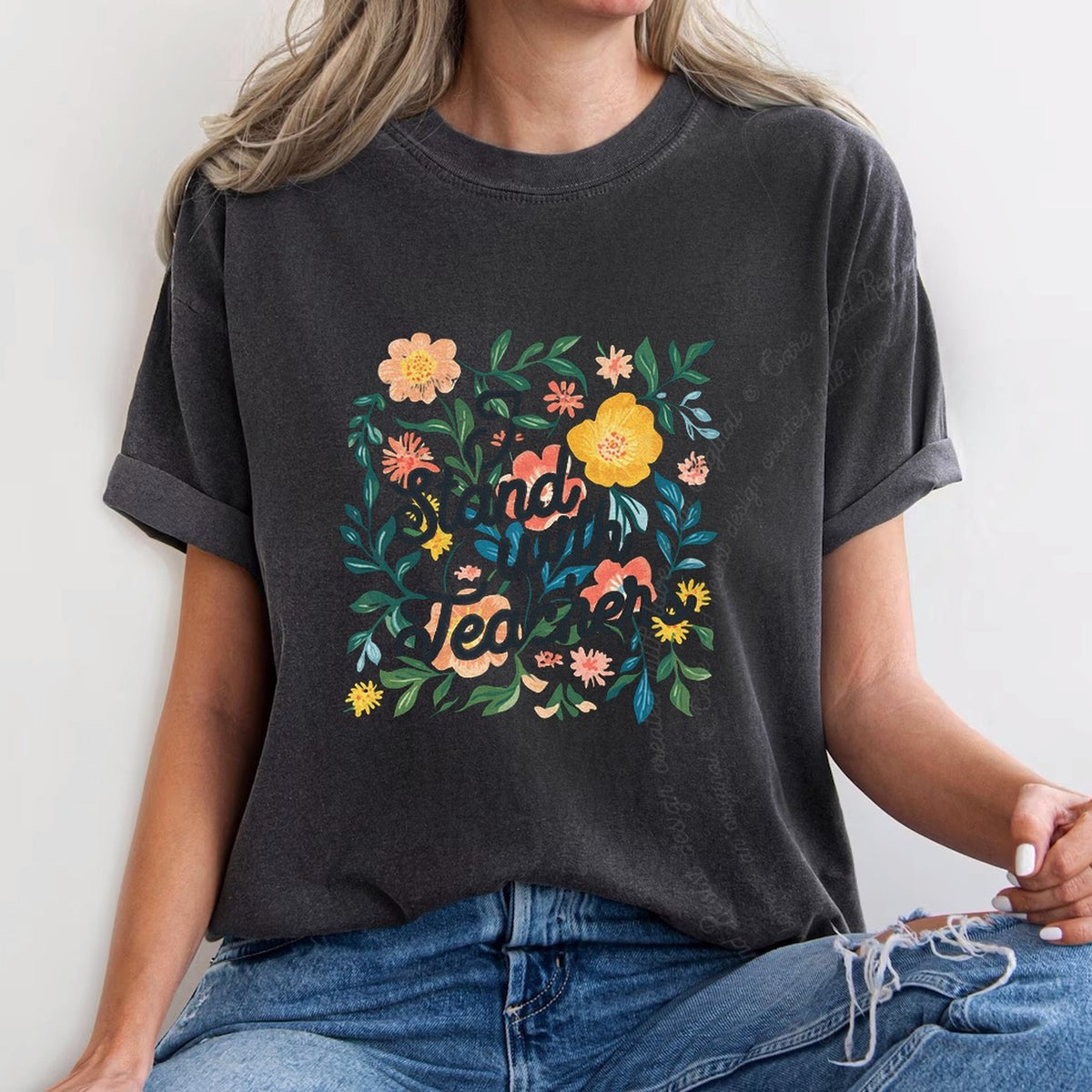 I Stand With Teachers Care & Resist progressive t-shirt in Graphite