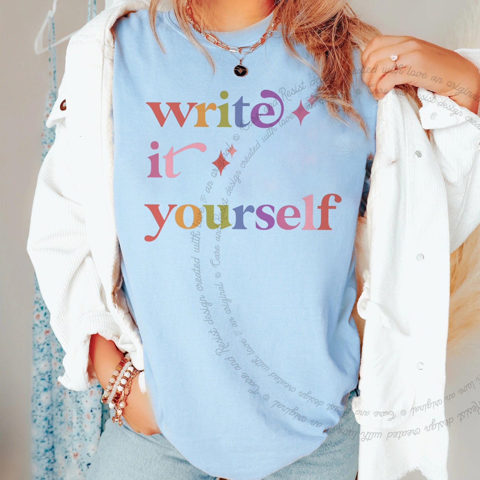 Write It Yourself Care & Resist rainbow Comfort Colors tee, Chambray