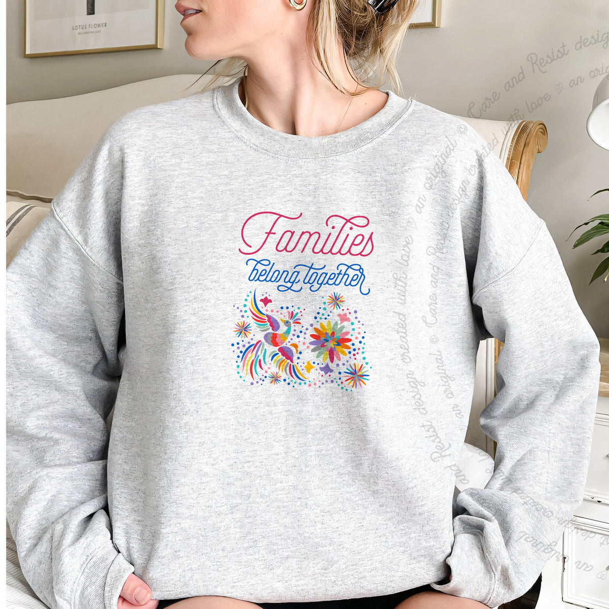 Families Belong Together Rainbow Care & Resist Gildan crewneck sweatshirt in Sport Grey