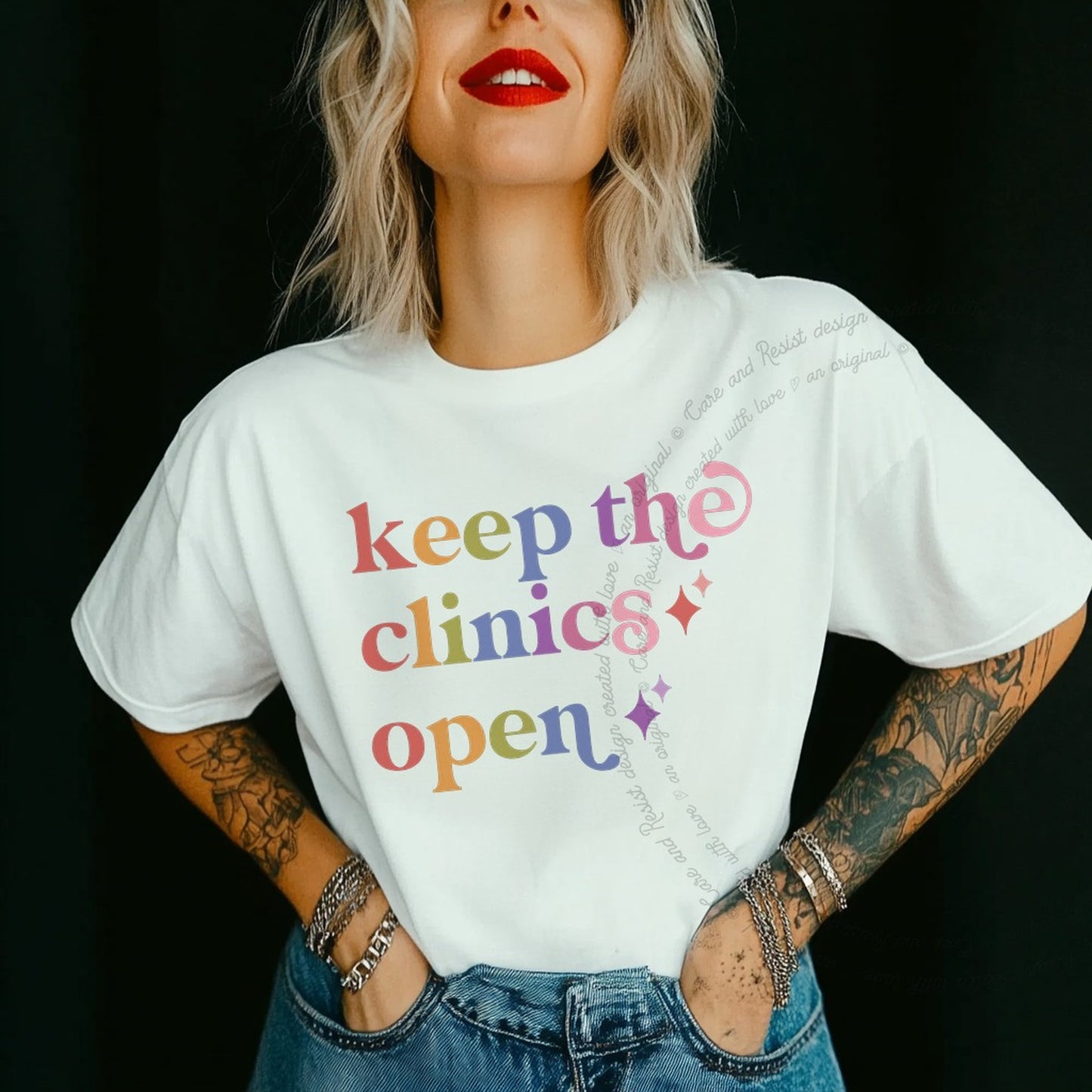 Keep the Clinics Open Care & Resist rainbow Comfort Colors tee, White