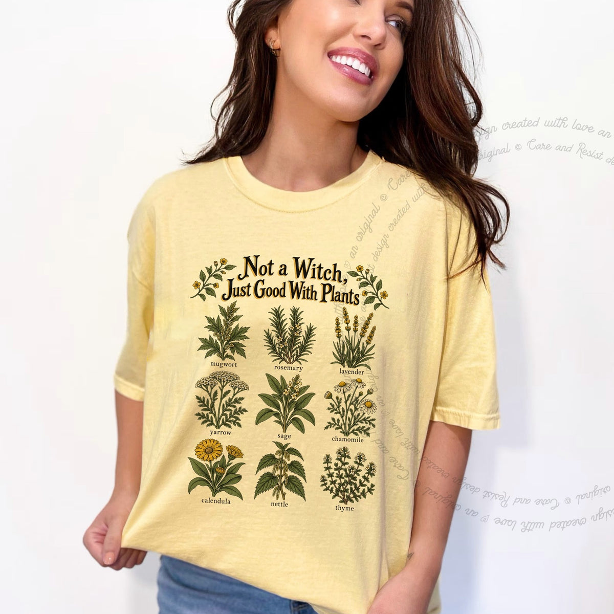 Not a Witch Just Good With Plants Care & Resist progressive t-shirt in Banana