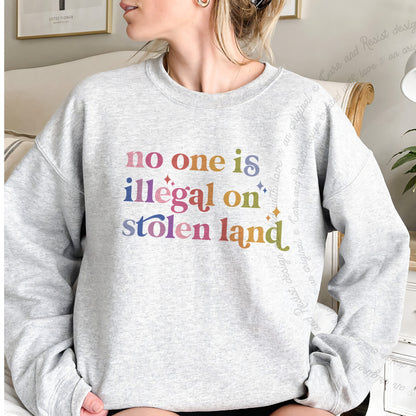No One Is Illegal on Stolen Land Care & Resist Gildan crewneck sweatshirt in Sport Grey