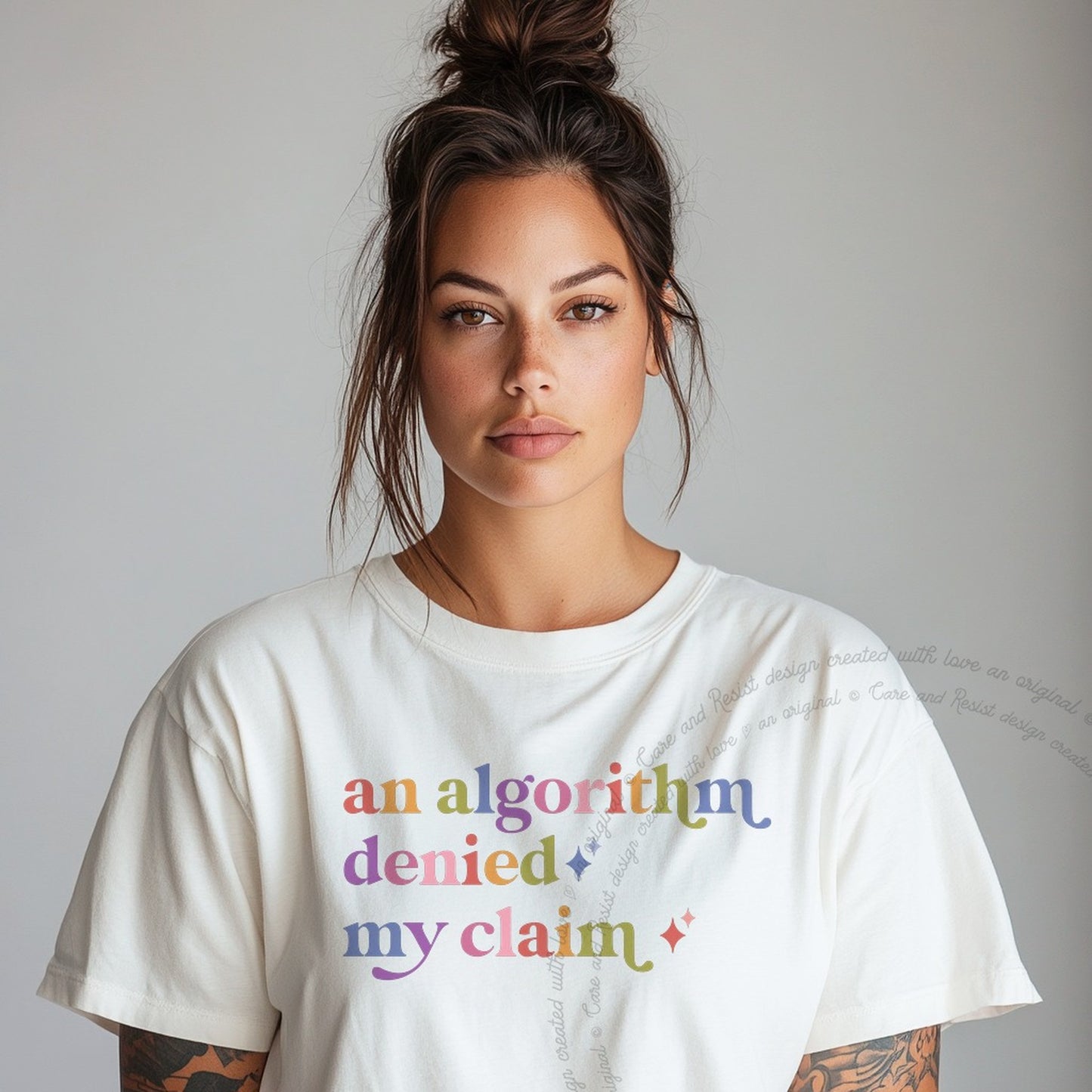 An Algorithm Denied My Claim Care & Resist rainbow Comfort Colors tee, White