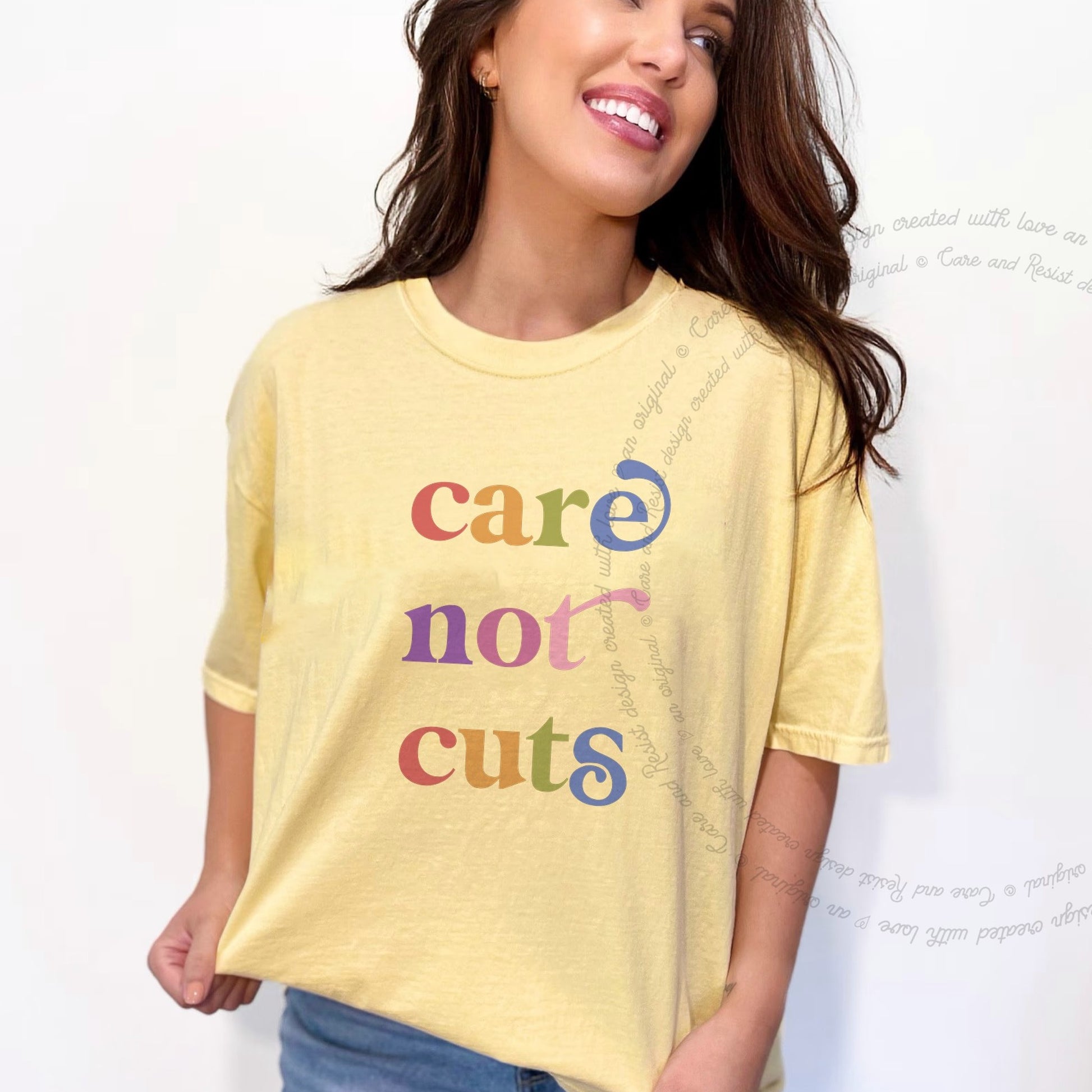 Care not Cuts Care & Resist rainbow Comfort Colors tee, Banana