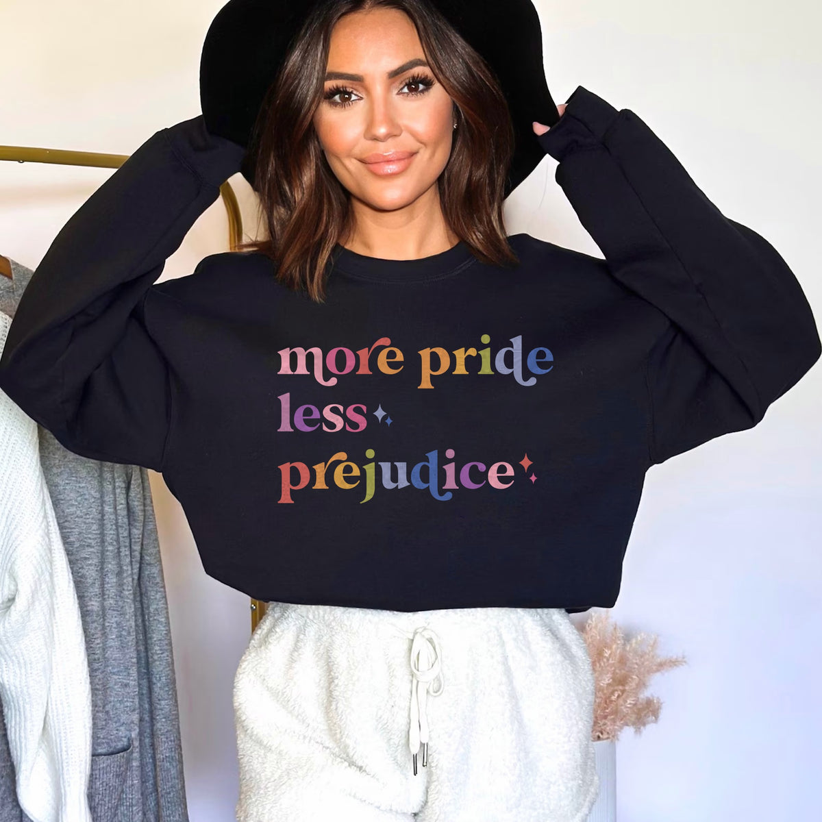 More Pride Less Prejudice Care & Resist Gildan crewneck sweatshirt in Black
