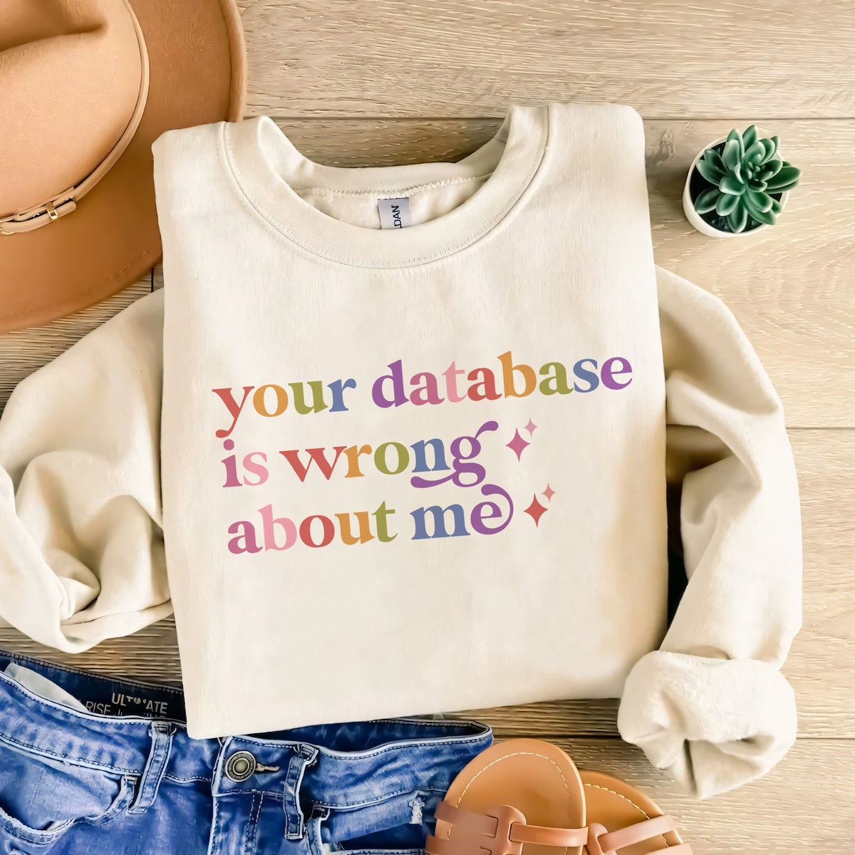 Your Database is Wrong About Me Care & Resist Gildan crewneck sweatshirt in Sand
