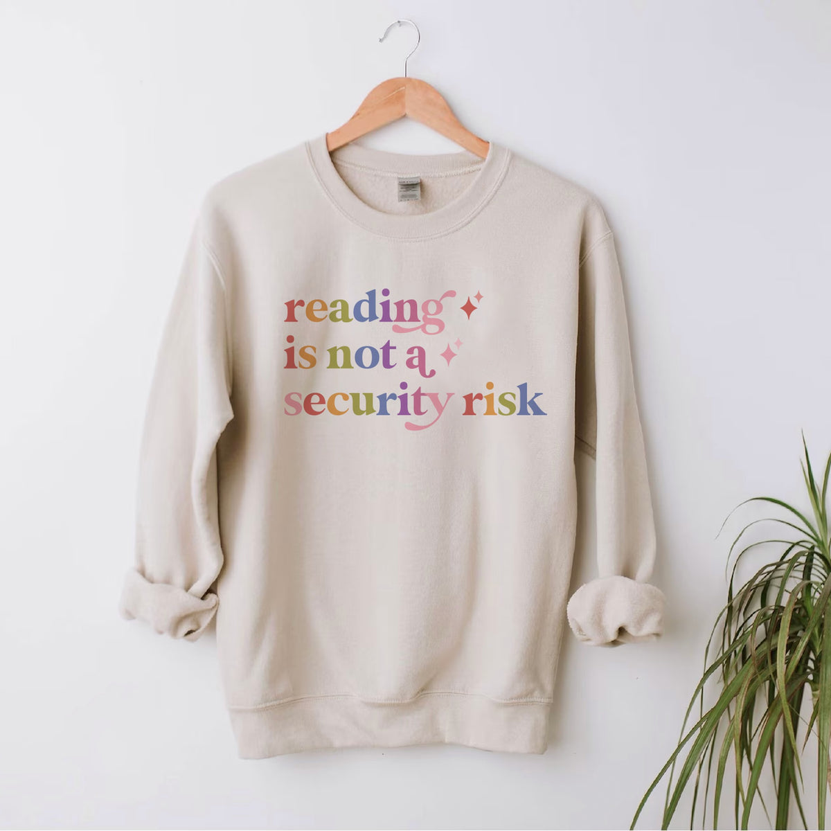 Reading is not a Security Risk Care & Resist Gildan crewneck sweatshirt in Sand