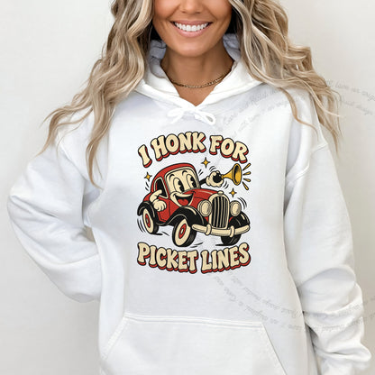 I Honk for Picket Lines Cartoon Care & Resist Gildan hoodie in White