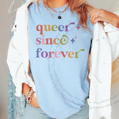 Queer Since Forever Care & Resist progressive t-shirt in Chambray