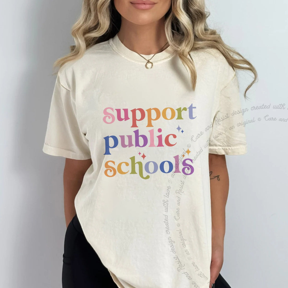 Support Public Schools Care & Resist progressive t-shirt in Ivory