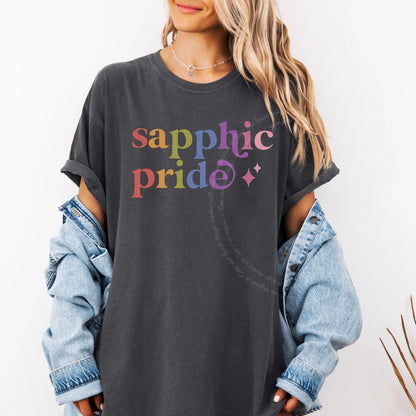 Sapphic Pride Care & Resist rainbow Comfort Colors tee, Graphite