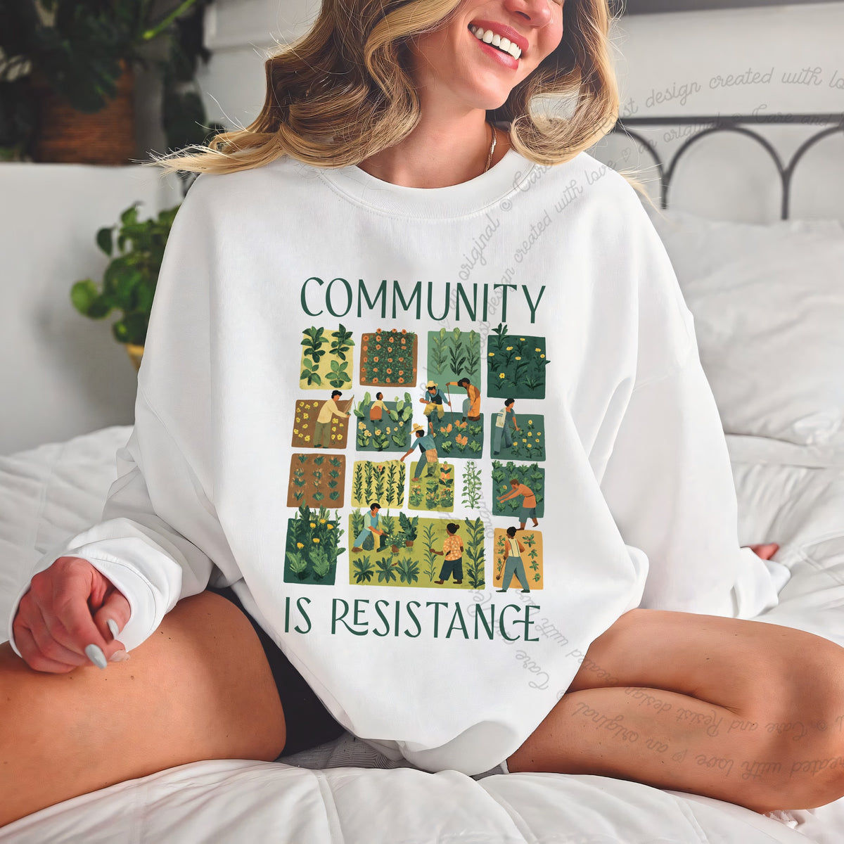 Community Is Resistance Garden Squares Care & Resist Gildan crewneck sweatshirt in White