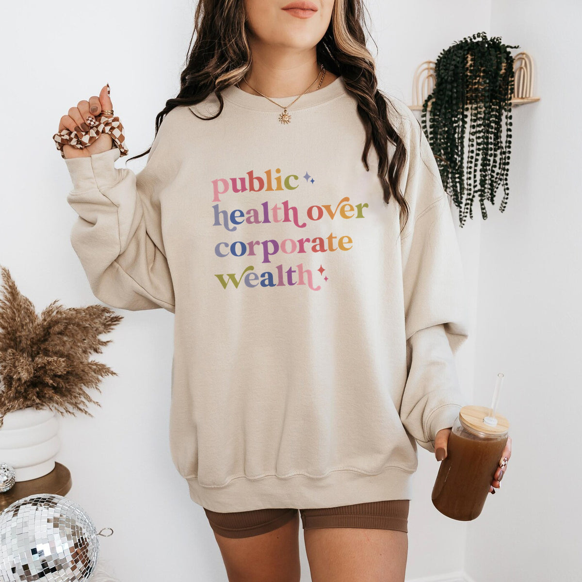Public Health Over Corporate Wealth Care & Resist Gildan crewneck sweatshirt in Sand