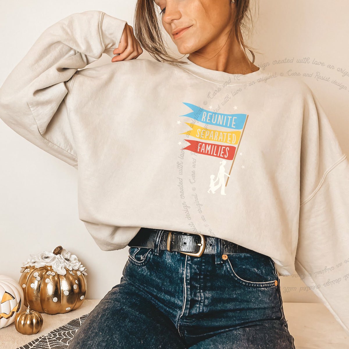 Reunite Separated Families Flags Care & Resist Gildan crewneck sweatshirt in Sand