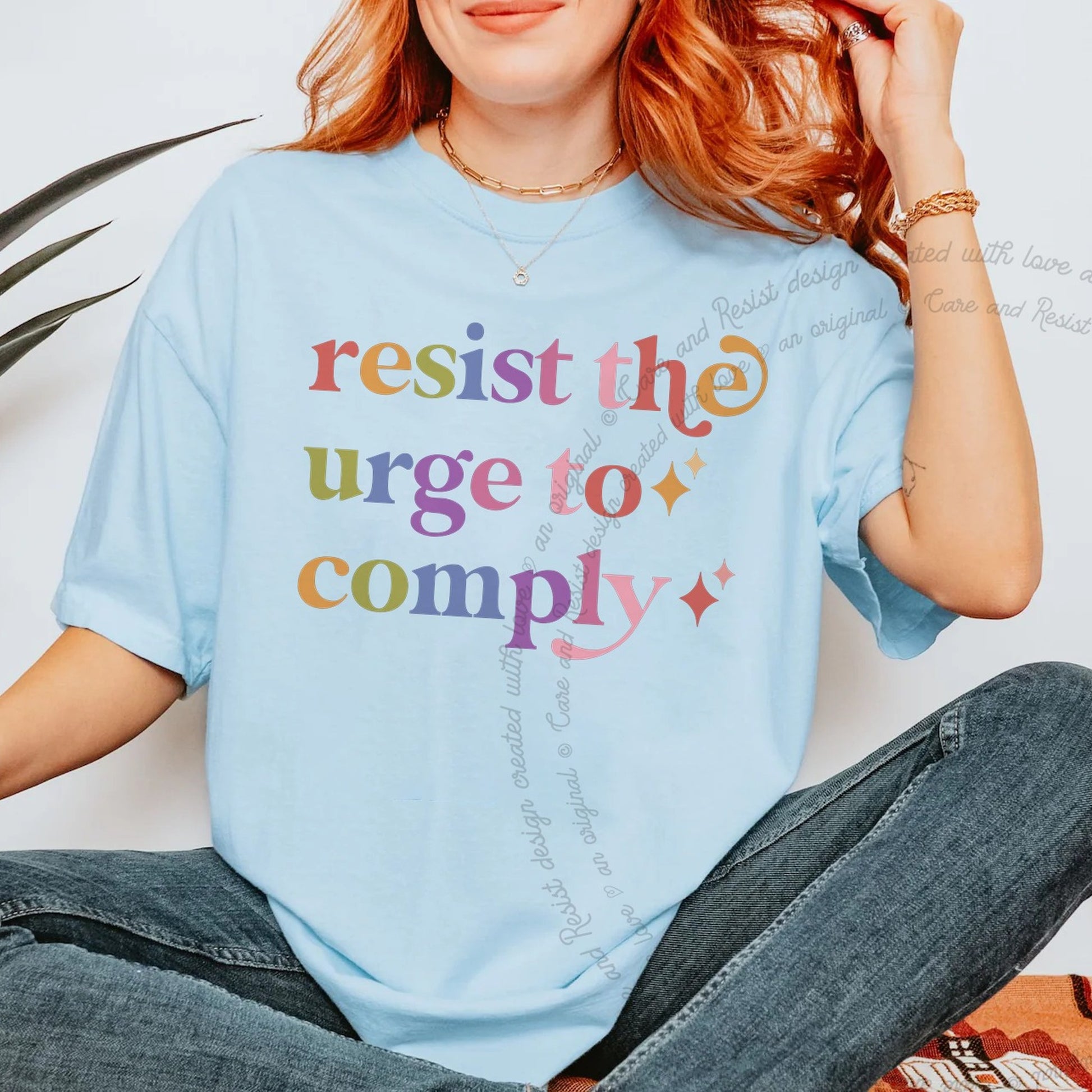 Resist the Urge to Comply Care & Resist rainbow Comfort Colors tee, Chambray