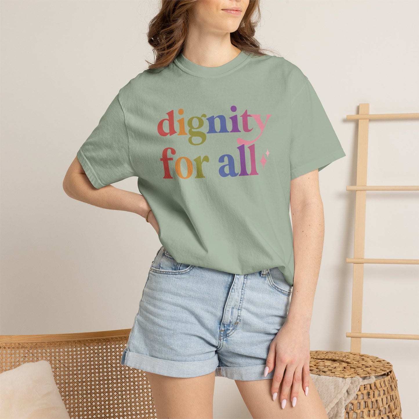 Dignity for All Care & Resist rainbow Comfort Colors tee