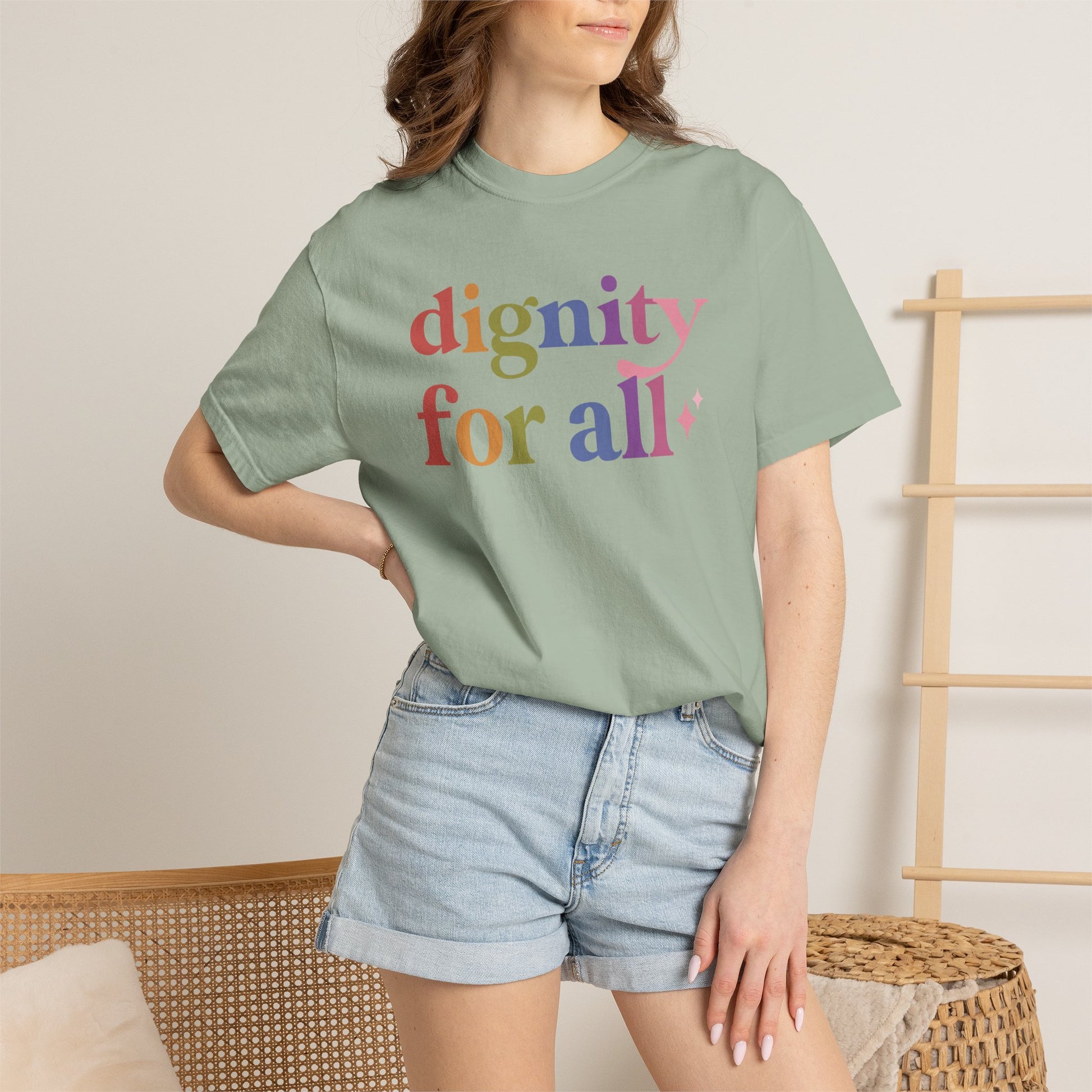 Dignity for All Care & Resist rainbow Comfort Colors tee