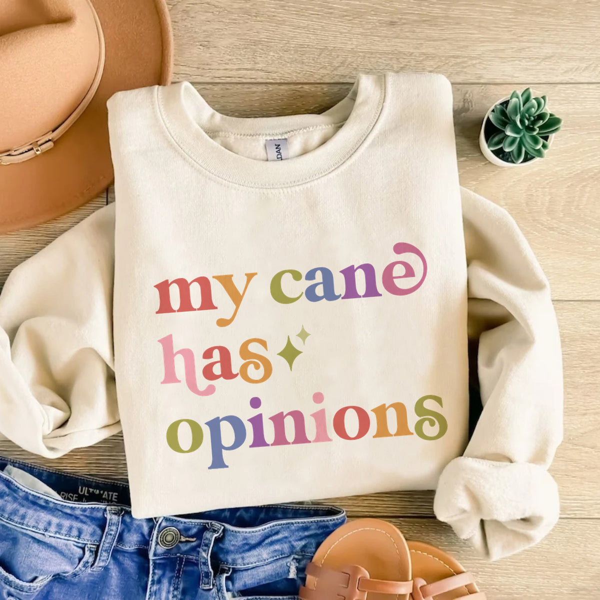 My Cane Has Opinions Care & Resist Gildan crewneck sweatshirt in Sand