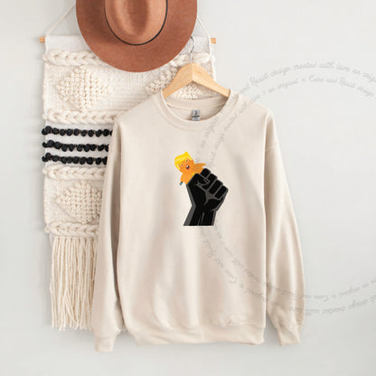 Resist Fist and Trump Blimp Care & Resist Gildan crewneck sweatshirt in Sand