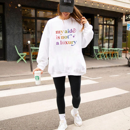 My Aide is not a Luxury Care & Resist Gildan crewneck sweatshirt in White