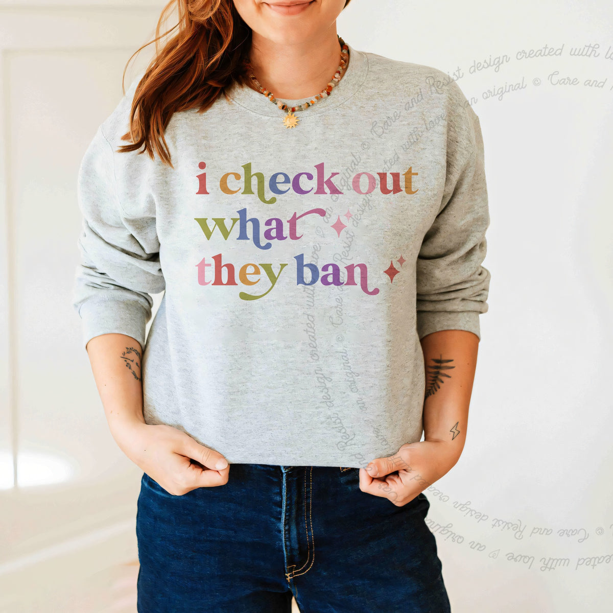 I Check Out What They Ban Care & Resist Gildan crewneck sweatshirt in Sport Grey