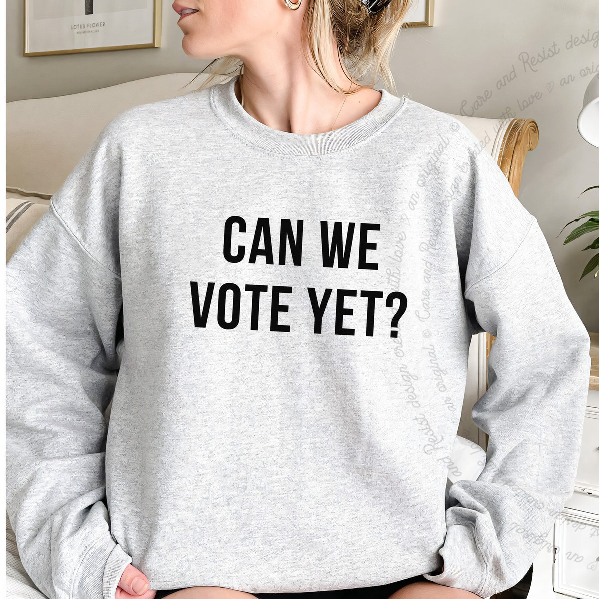 Can We Vote Yet Care & Resist Gildan crewneck sweatshirt in Sport Grey