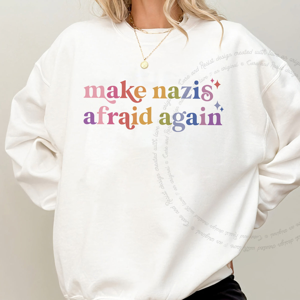 Make Nazis Afraid Again Care & Resist Gildan crewneck sweatshirt in White