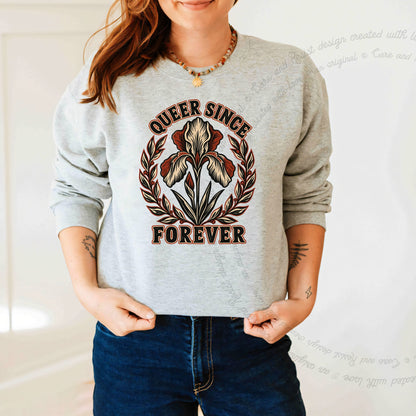 Queer Since Forever Iris Linocut Care & Resist Gildan crewneck sweatshirt in Sport Grey