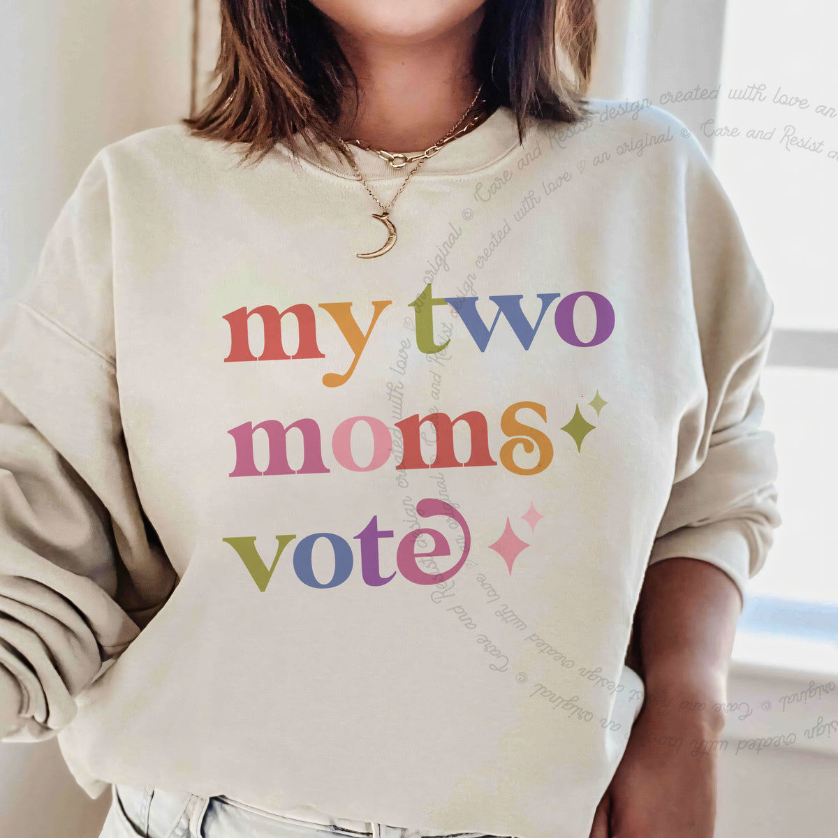 My Two Moms Vote Care & Resist Gildan crewneck sweatshirt in Sand