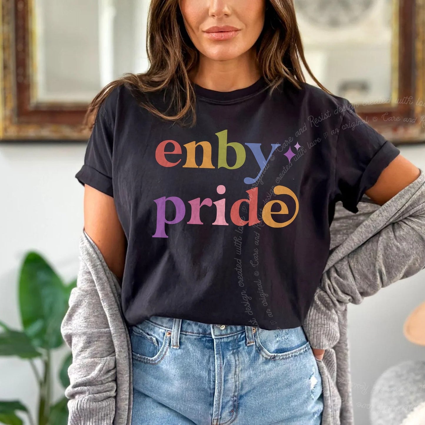 Enby Pride Care & Resist rainbow Comfort Colors tee, Black