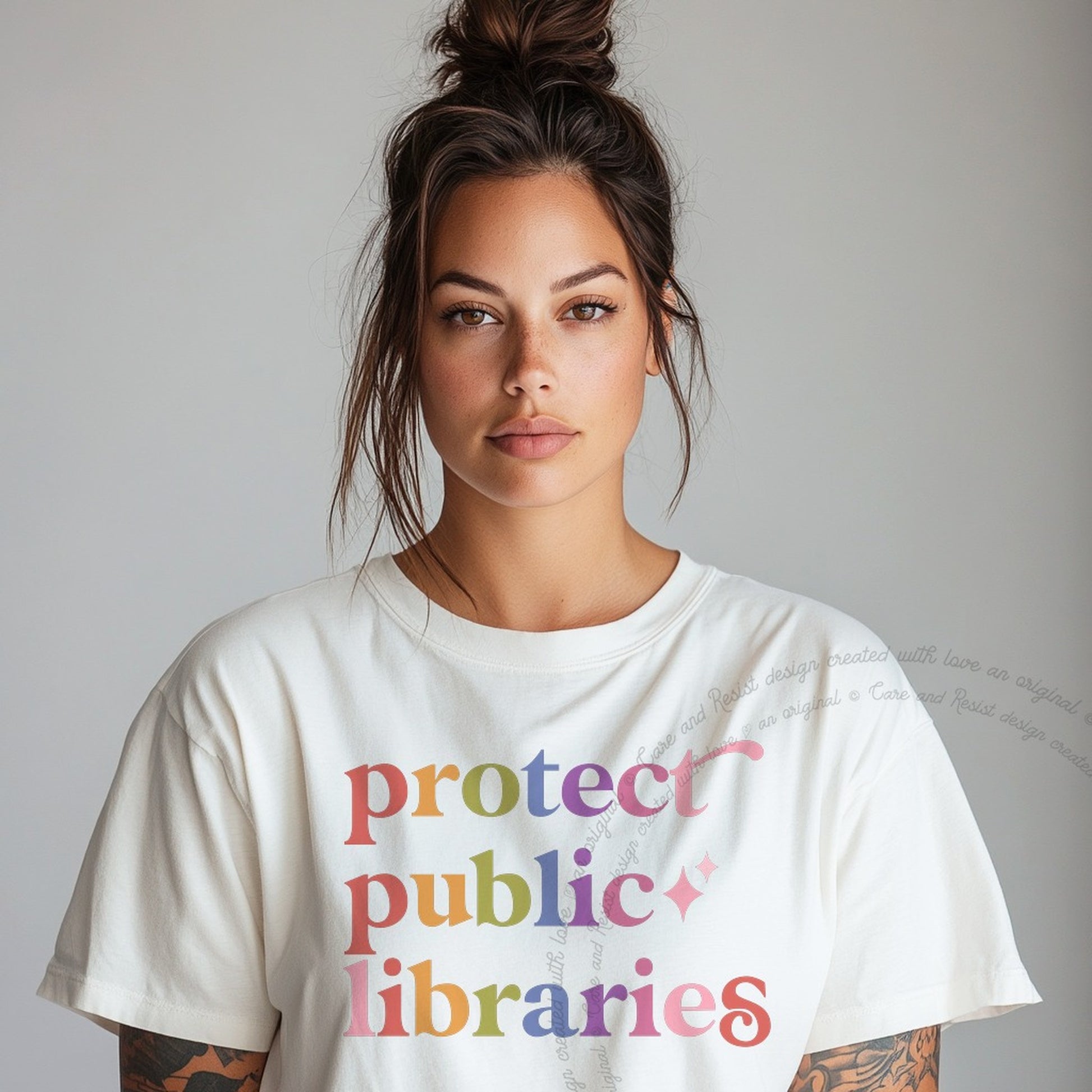 Protect Public Libraries Care & Resist rainbow Comfort Colors tee, White