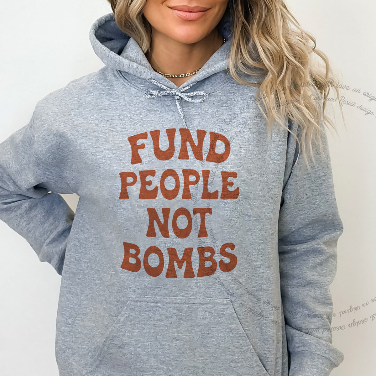 Fund People not Bombs Stacked Care & Resist Gildan hoodie in Sport Grey