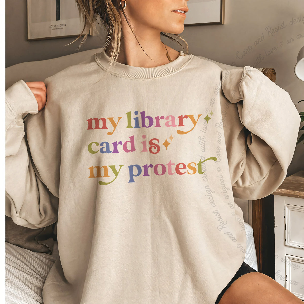My Library Card is My Protest Care & Resist Gildan crewneck sweatshirt in Sand