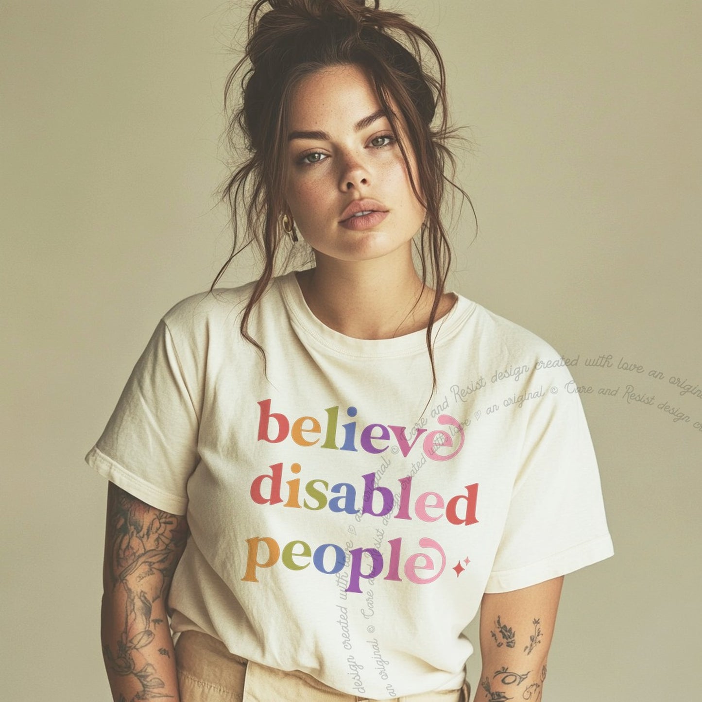 Believe Disabled People Care & Resist rainbow Comfort Colors tee, Ivory