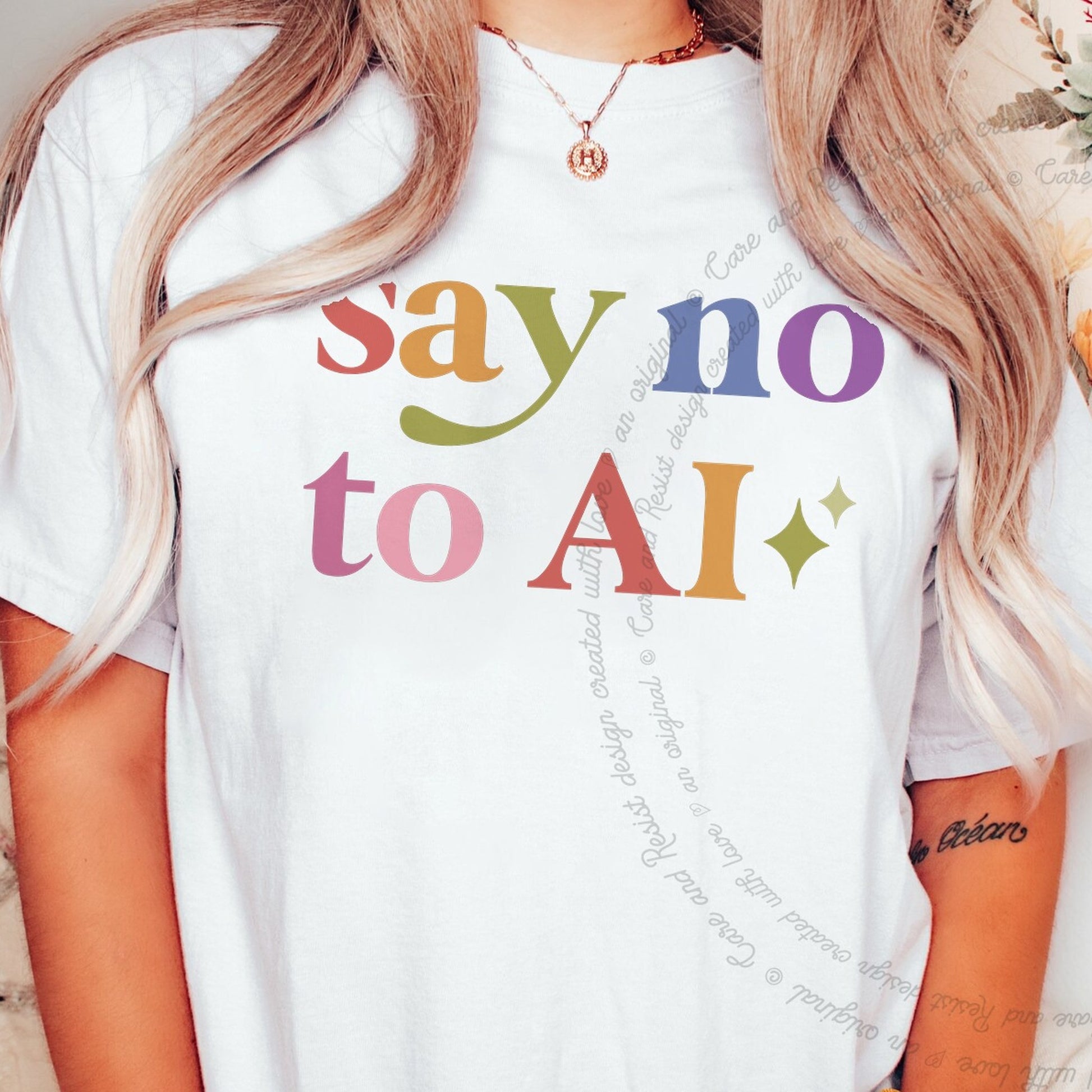 Say No to Ai Care & Resist rainbow Comfort Colors tee, White