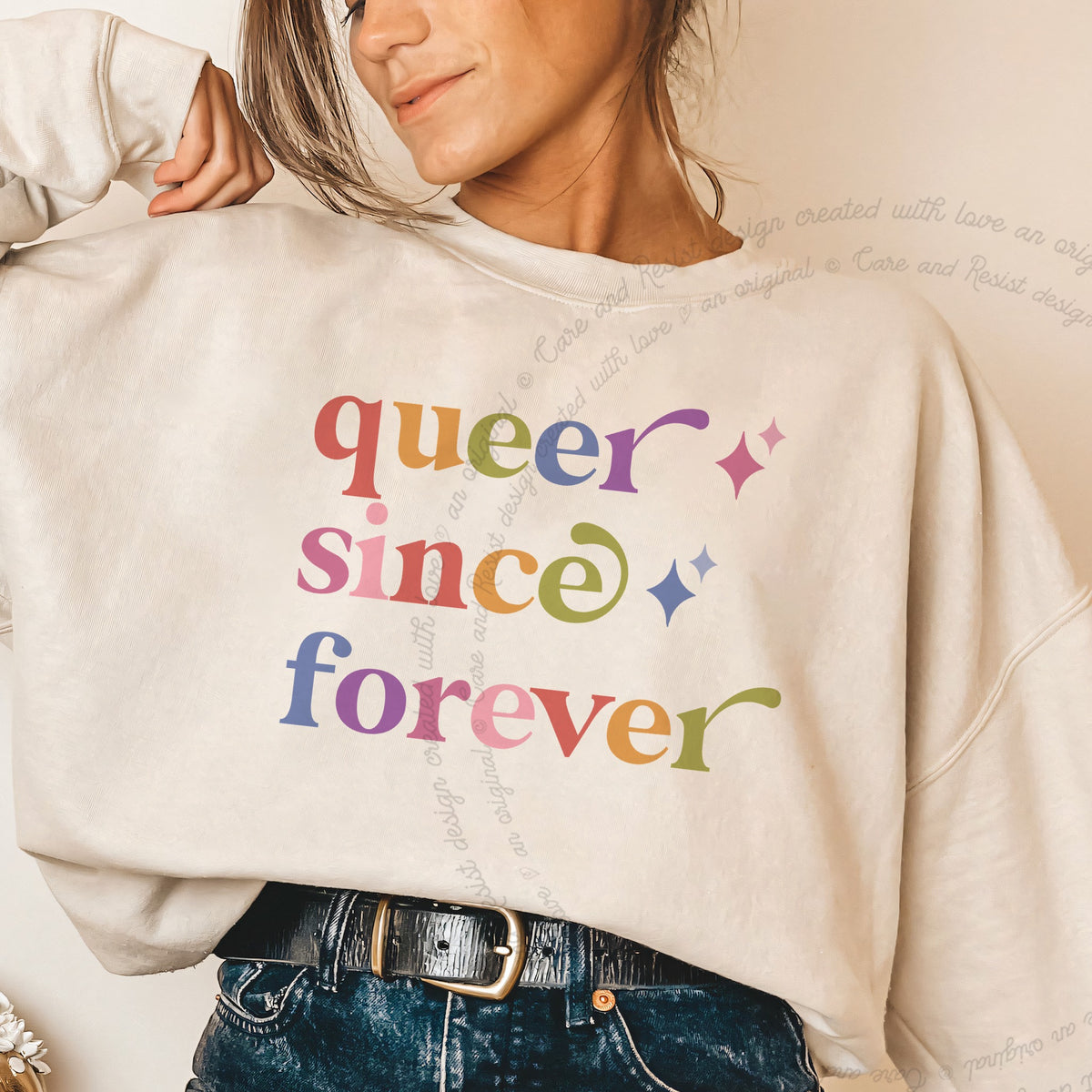 Queer Since Forever Care & Resist Gildan crewneck sweatshirt in Sand