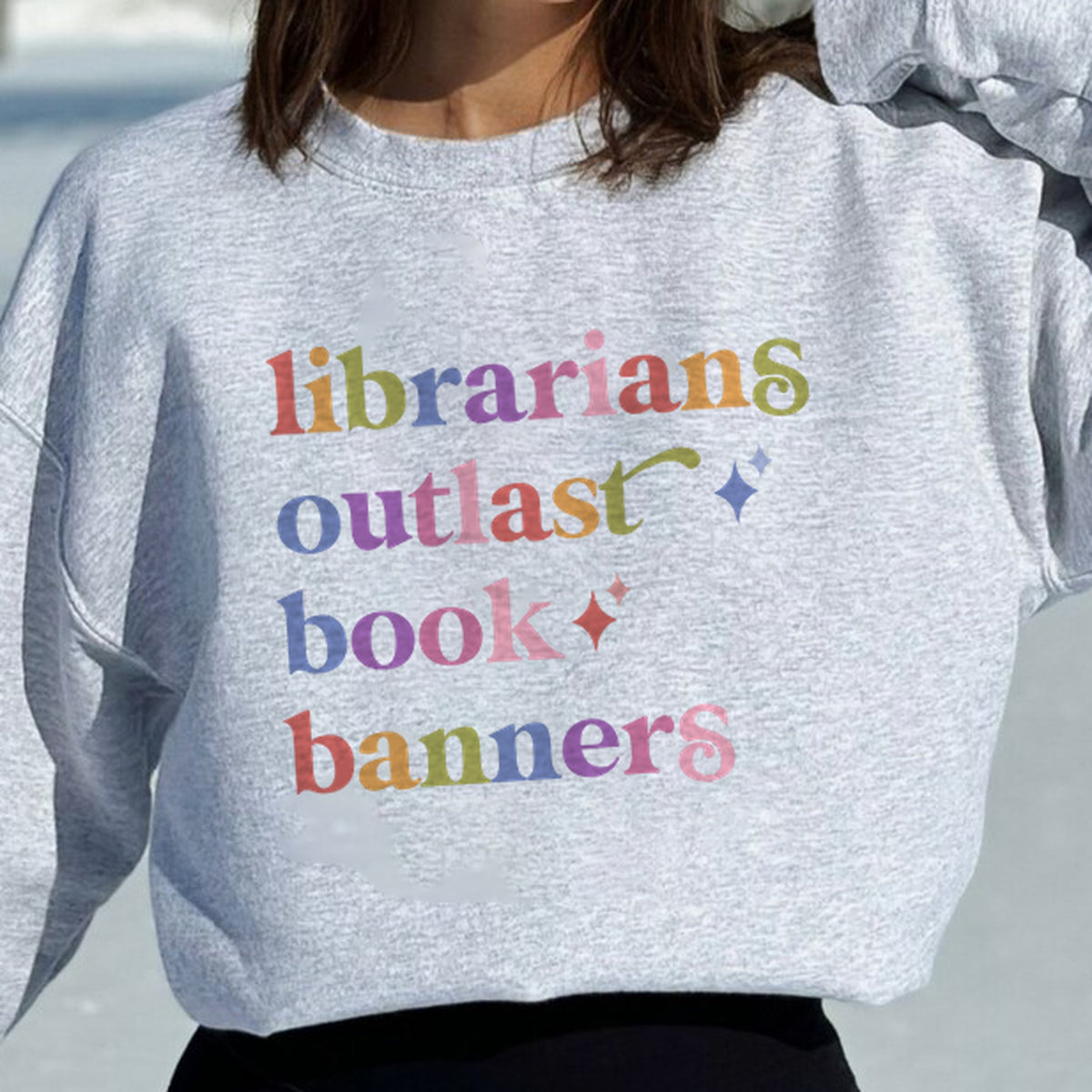 Librarians Outlast Book Banners Care & Resist Gildan crewneck sweatshirt in Sport Grey