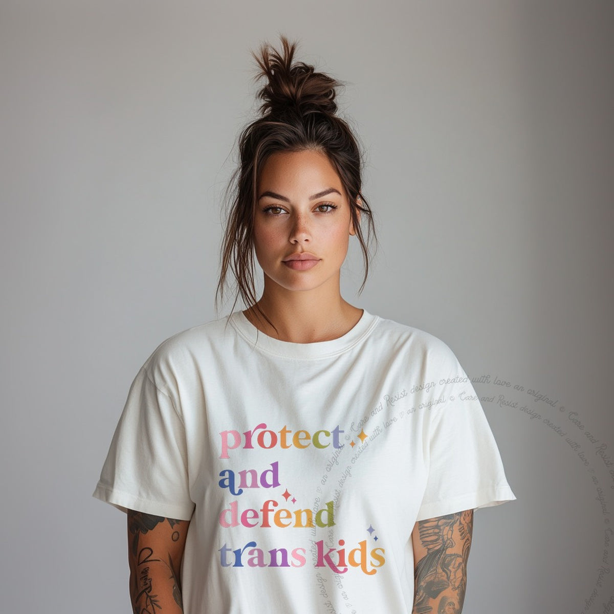 Protect and Defend Trans Kids Care & Resist progressive t-shirt in Ivory