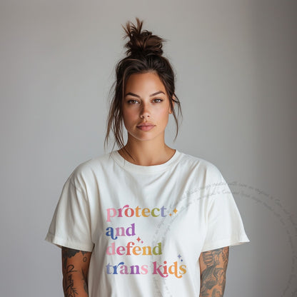 Protect and Defend Trans Kids Care & Resist progressive t-shirt in Ivory