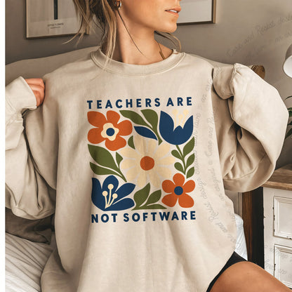 Teachers are not Software Cutout Care & Resist Gildan crewneck sweatshirt in Sand