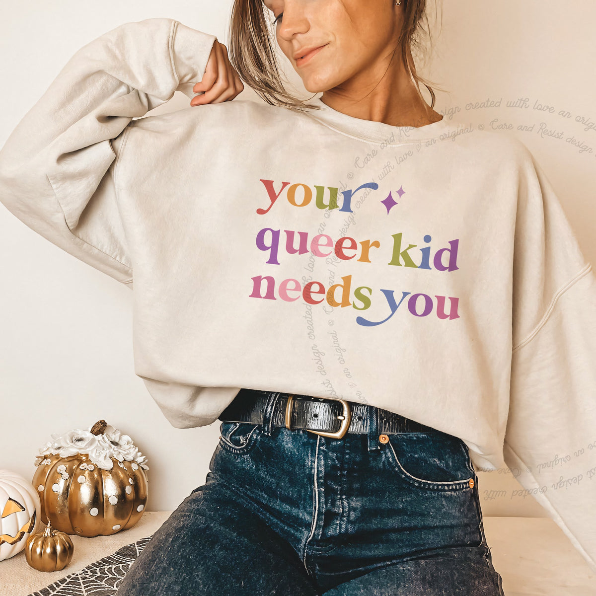 Your Queer Kid Needs You Care & Resist Gildan crewneck sweatshirt in Sand