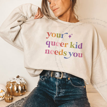 Your Queer Kid Needs You Care & Resist Gildan crewneck sweatshirt in Sand