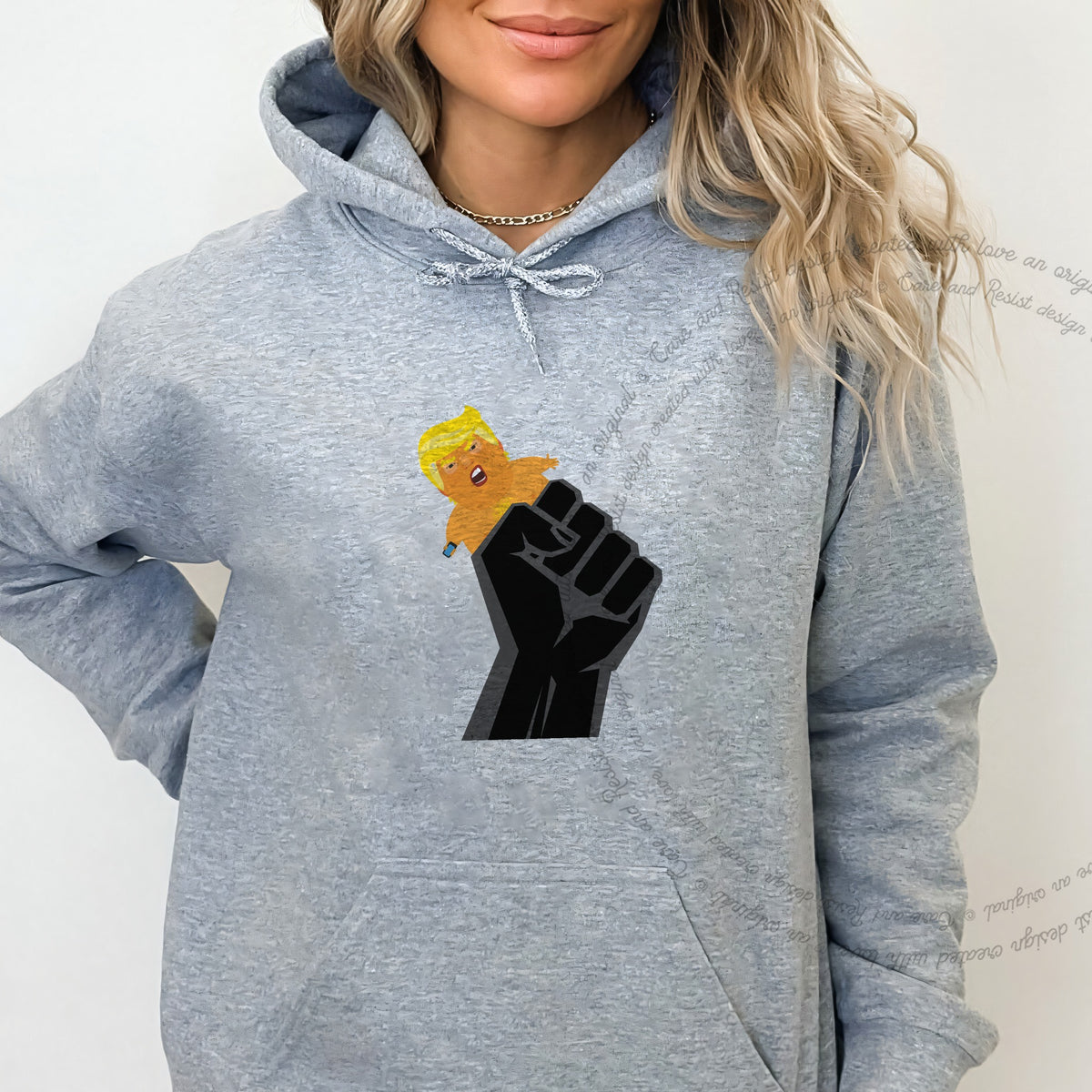 Resist Fist and Trump Blimp Care & Resist Gildan hoodie in Sport Grey